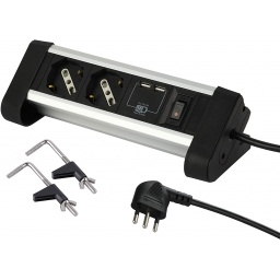 Alargue de Escritorio Aluminio multi enchufe  2 Tomas + 2 USB  2MTS Cable Electraline