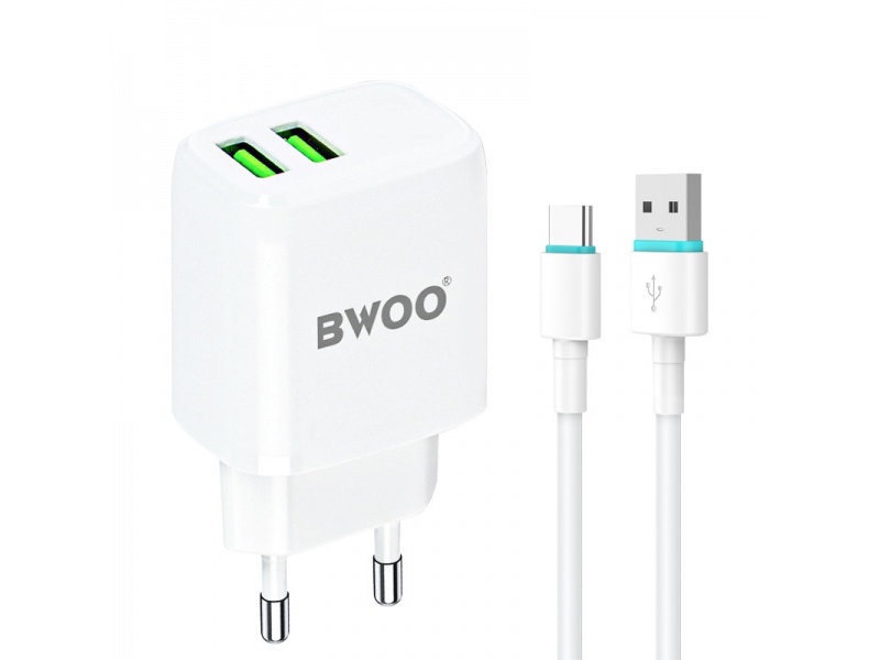 Cargador de Pared 2 USB con cable Usb-c  5V 2.4A BWOO